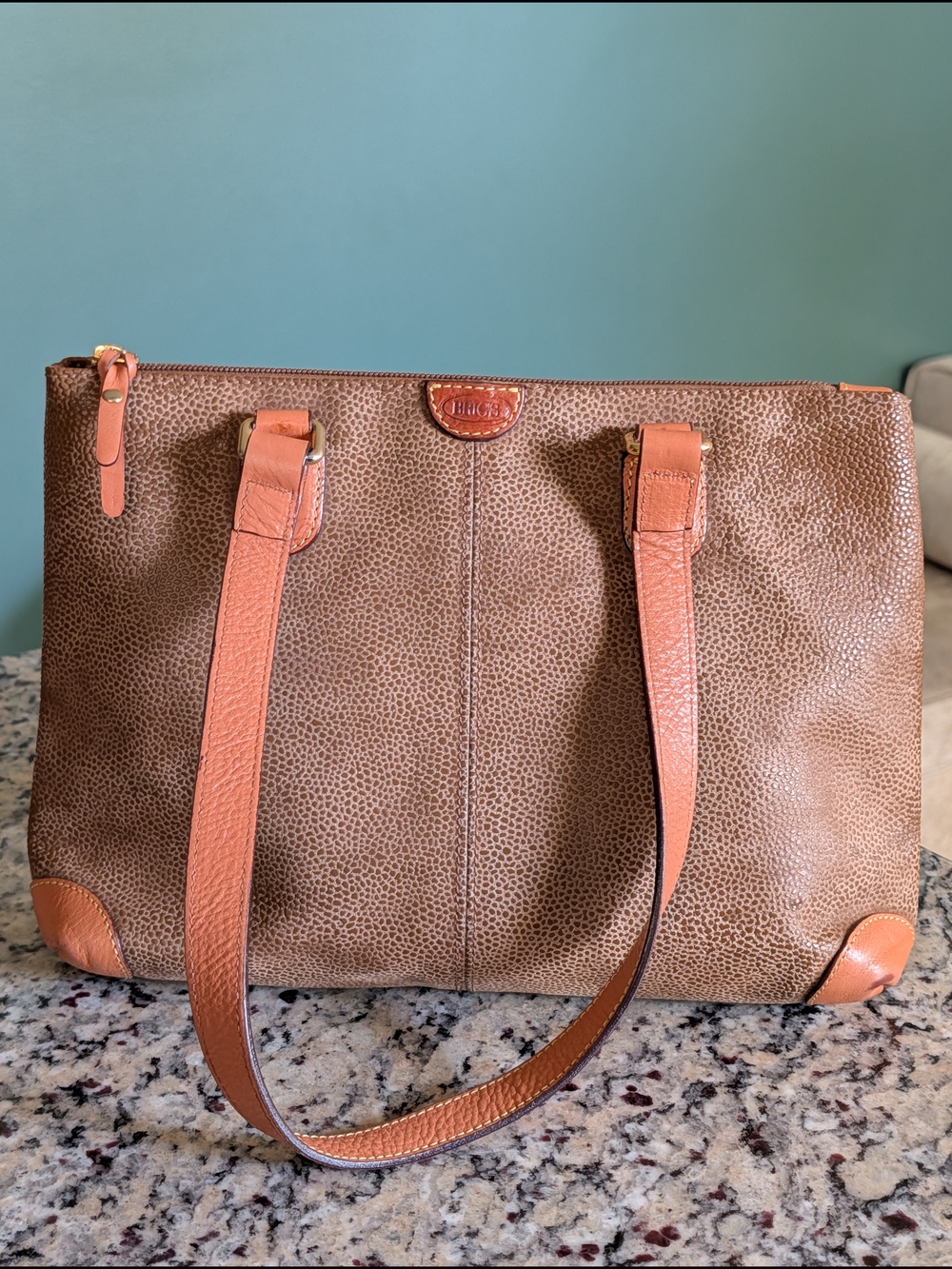 Bric's Brown Pebbled Leather Tote with Tan Straps